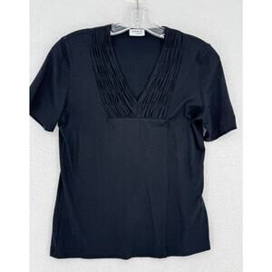 Akris Punto Womens Black Jersey Smocked V Neck Short Sleeve Top Sz US 10